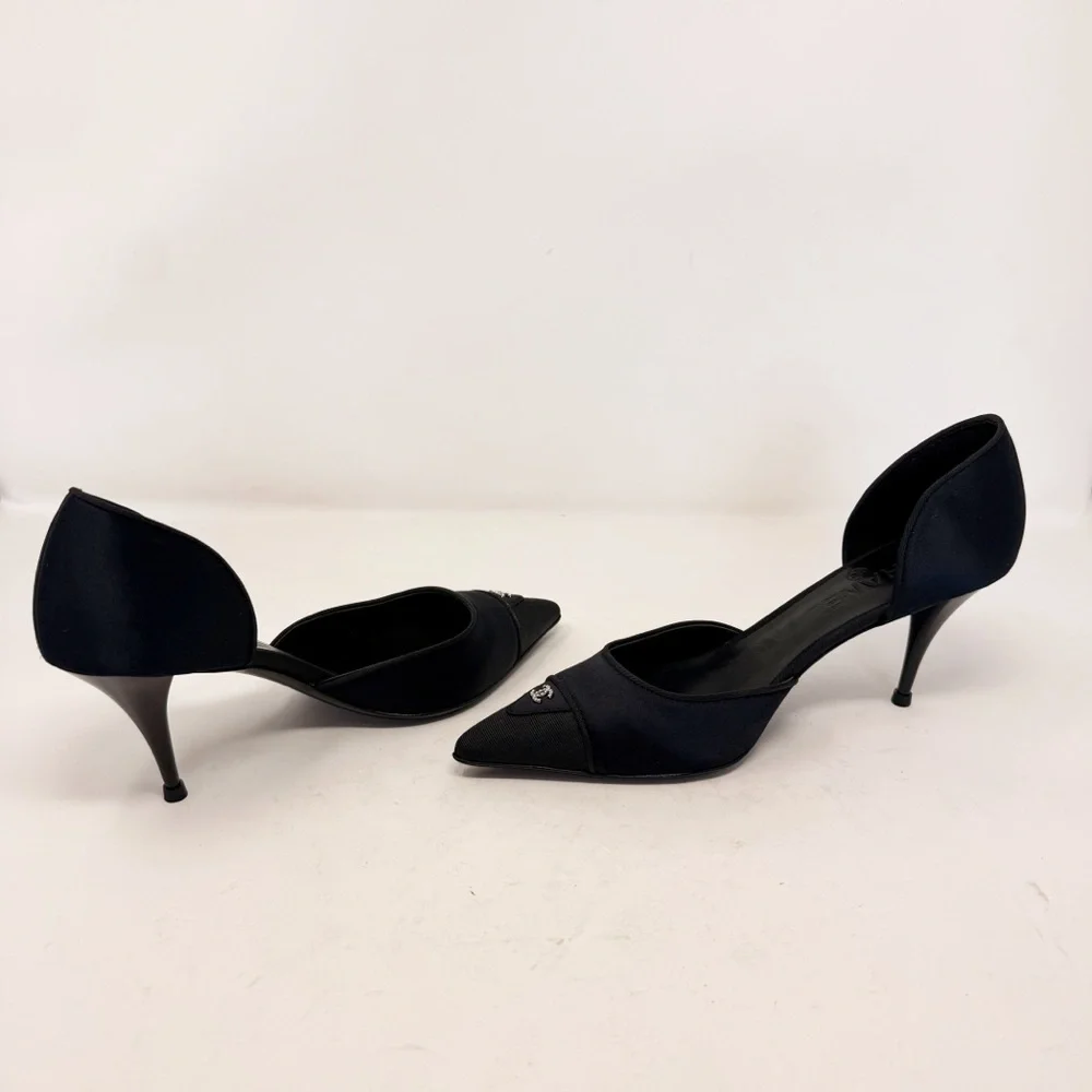 Chanel Black D’Orsay Heels Pointed Toe Kitten Heel Pumps with Silver CC Logo 41 - Picture 8 of 16